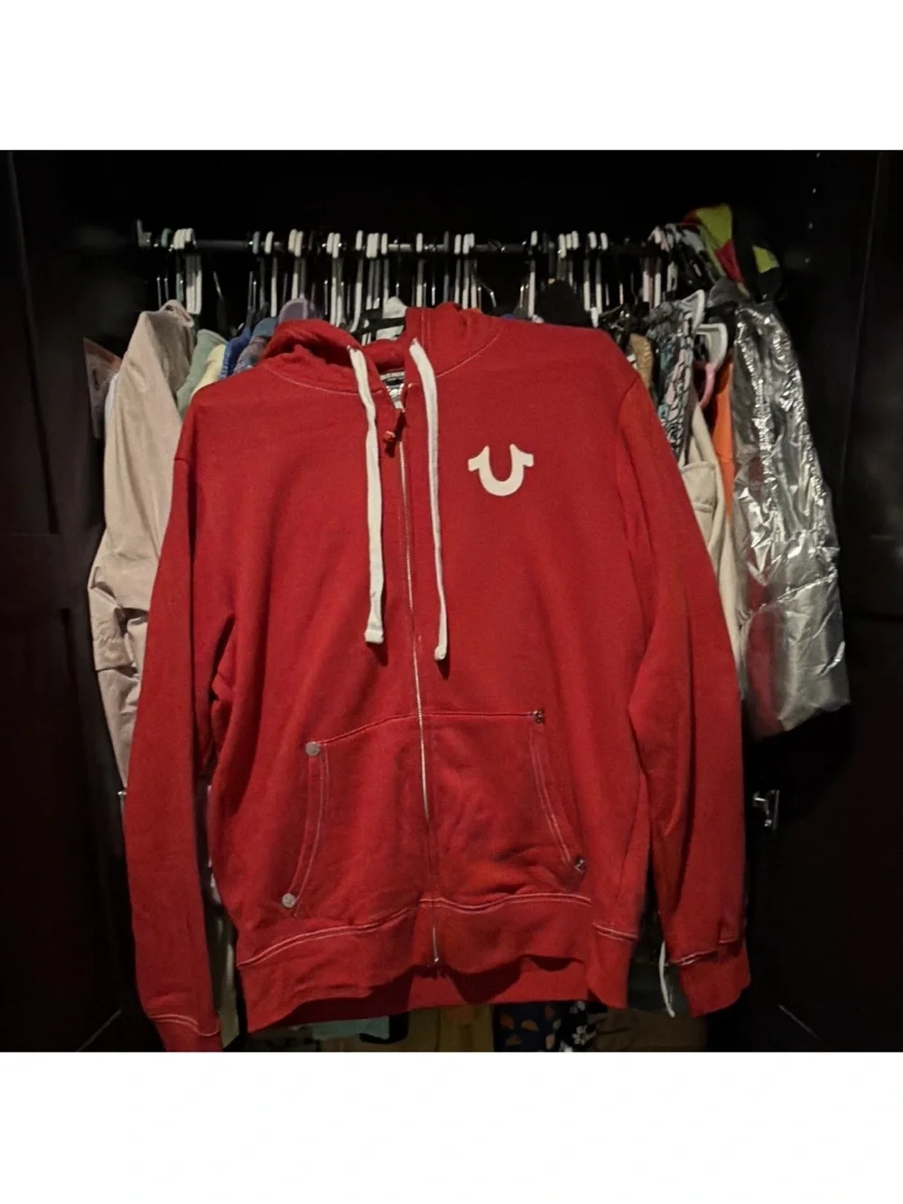 True Religion Men's Red Pullover Hoodie with Graphic Back Logo